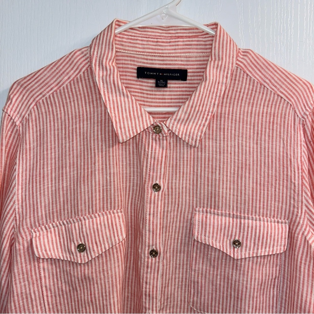 Tommy Hilfiger Coral Striped Button Down Long Sleeve Linen Shirt